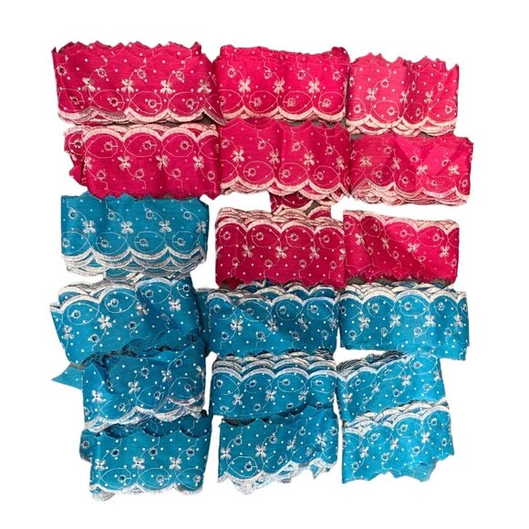 Pink & Blue Floral Embroidered Eyelet Lace Trim Fabric Lot - Picture 1 of 9